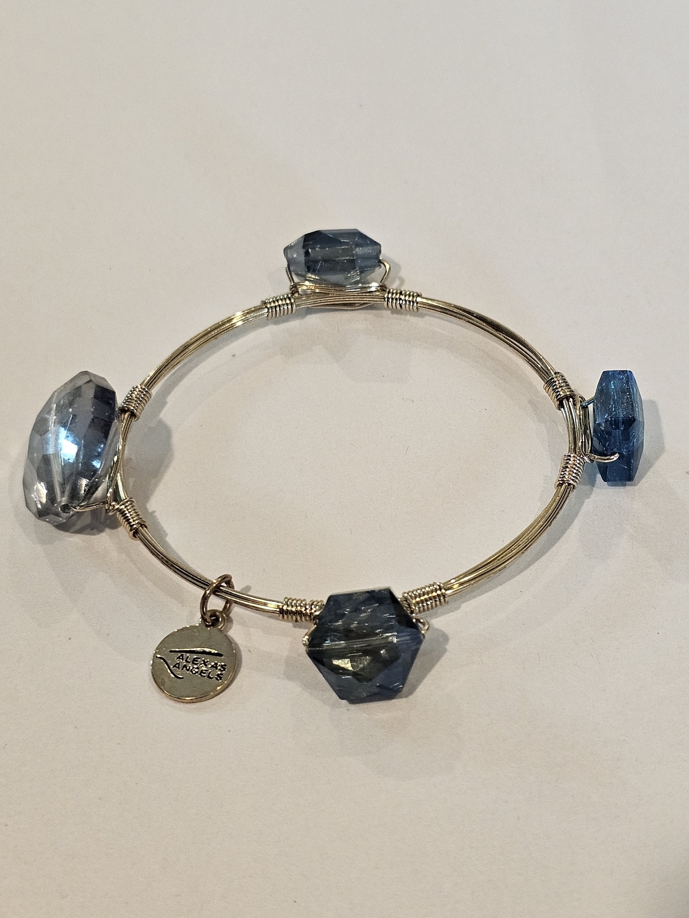 Alex and Ani Silver-Tone Bangle with Blue Faceted Crystal Charms
